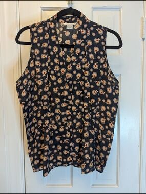 Anna And Frank Navy Silk Floral Sleeveless Button-Front Blouse